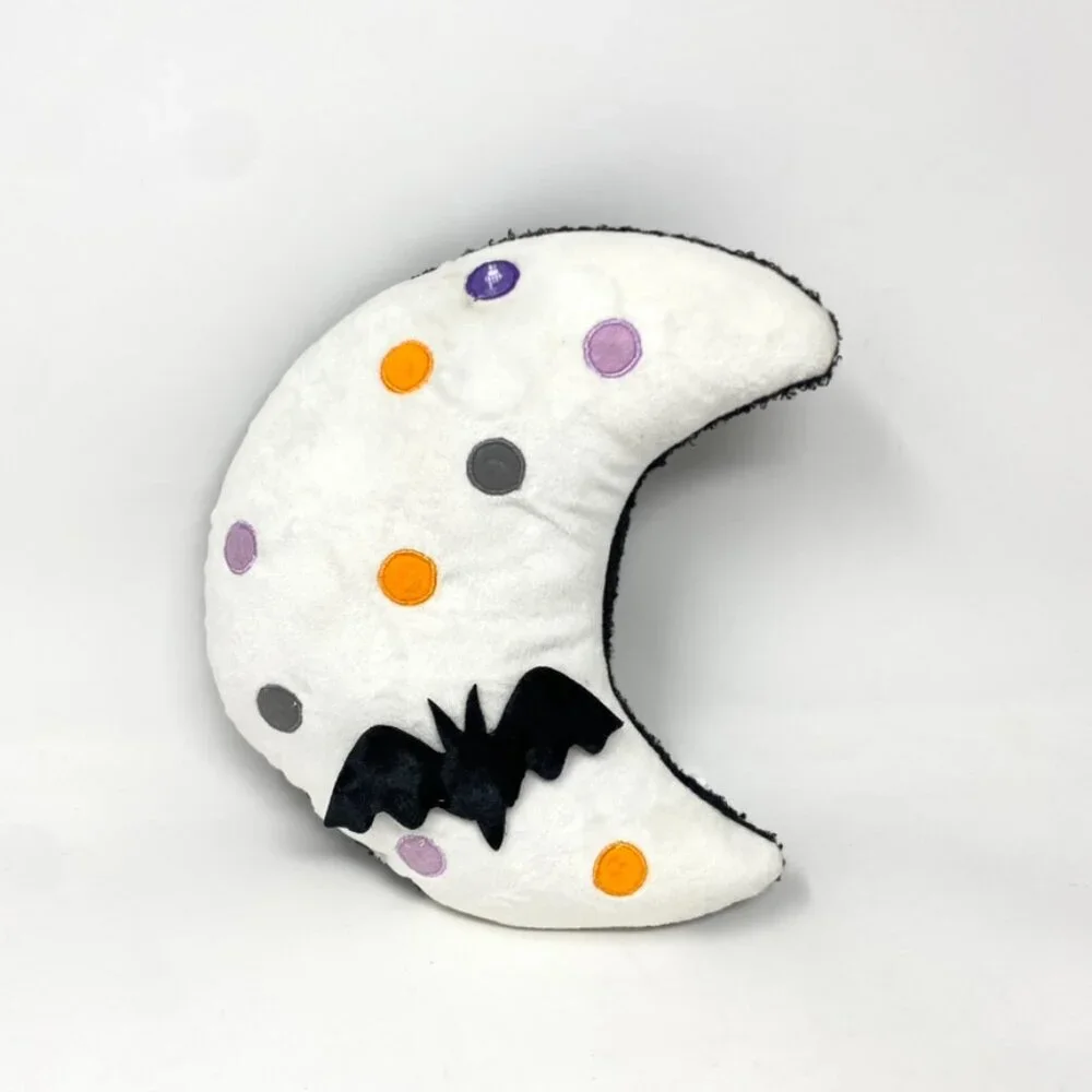 White Crescent Moon Pillow with Orange & Lavender Dots and Black Bat